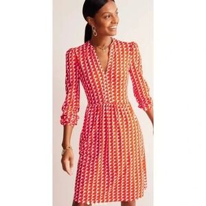 Boden Naomi Dress Orange Geo Bird Print Size 8 Long Sleeve Retro Mod Preppy Chic
